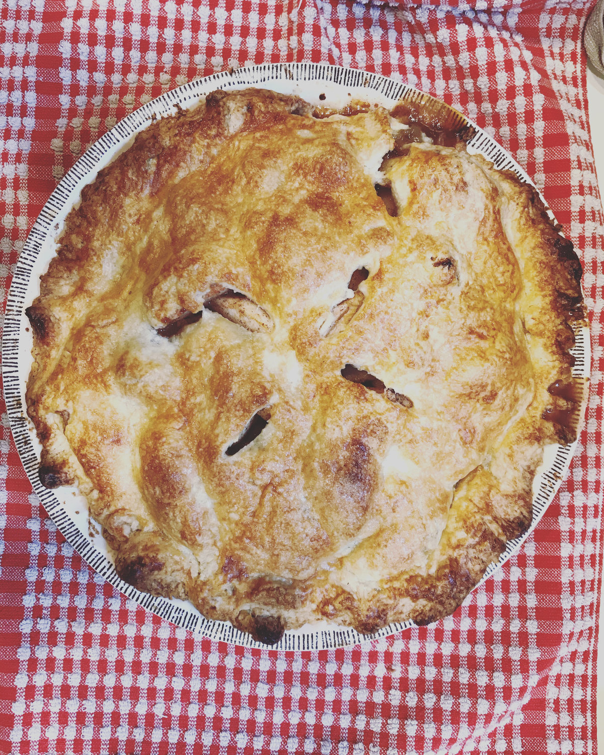 This apple pie was baked by my youngest last year, when he was studying culinary arts in high school. Now he’s a college freshman, studying auto mechanics—but he still loves to cook.